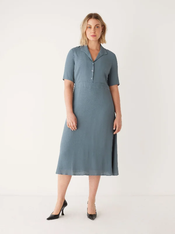 The Fluid Poet Collar Long Dress in Stormy Blue Tunics Travel practical