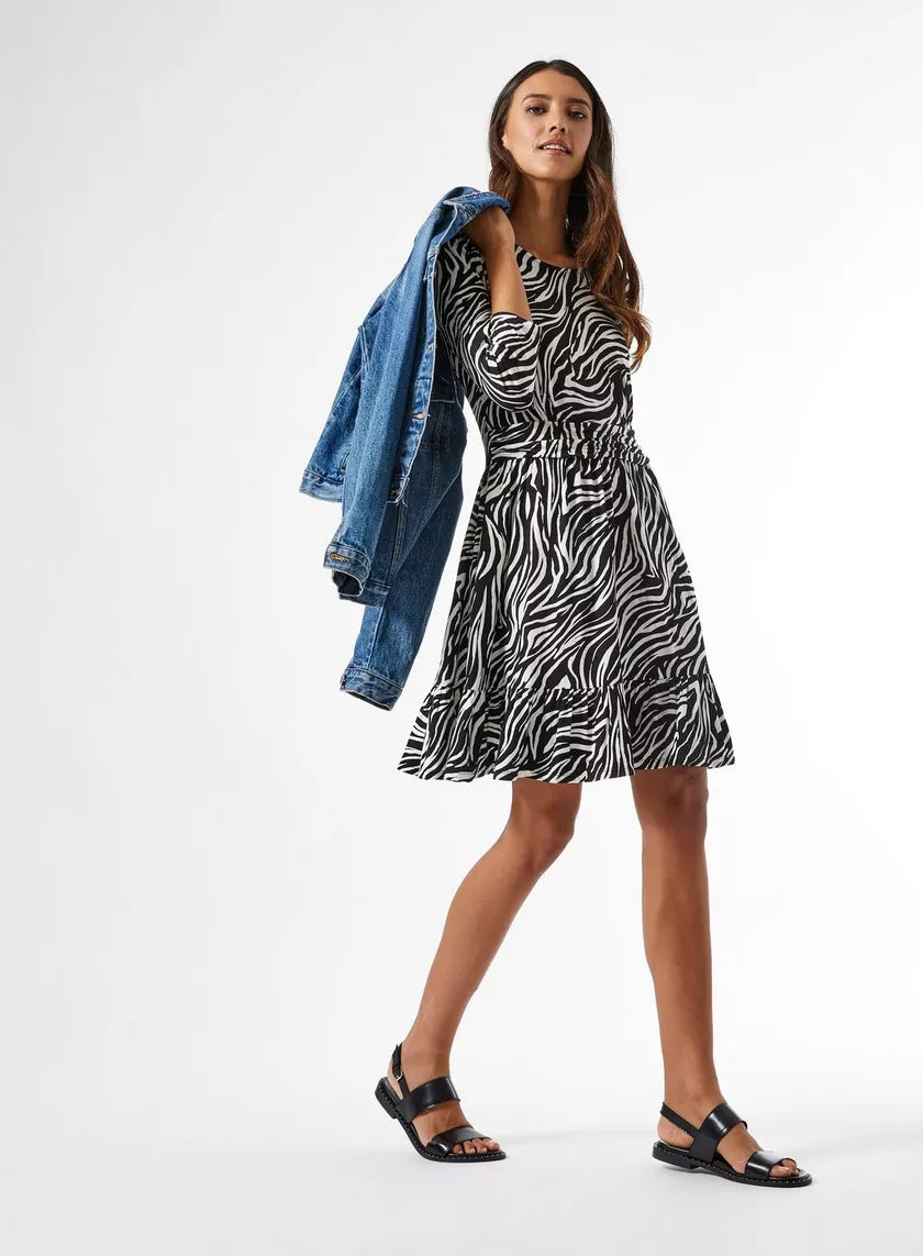 Black Zebra Print Ruched Waist Dress Turtleneck Neckline Stylish