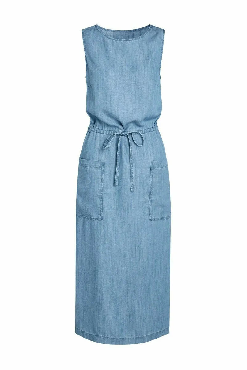 Denim Blue Tencel Pocket Long Dress Elasticated Tie Waist Cowl Neckline Elegant