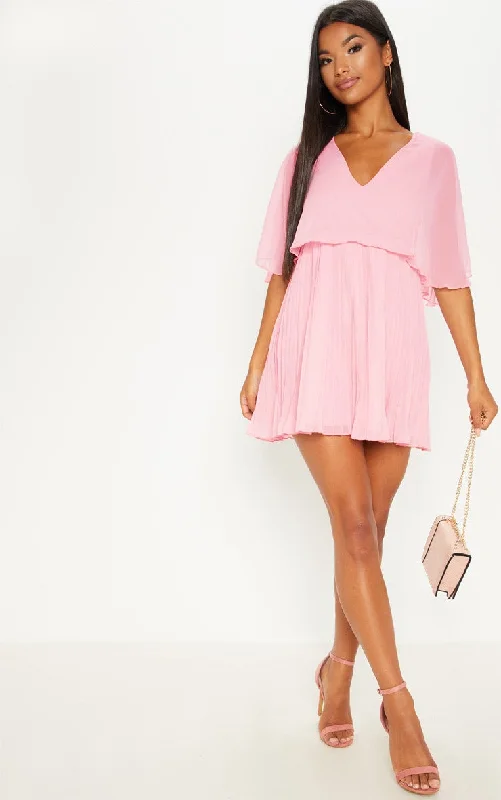 Dusty Pink Cape Pleated Detail Skater Dress Tunics Satin smooth
