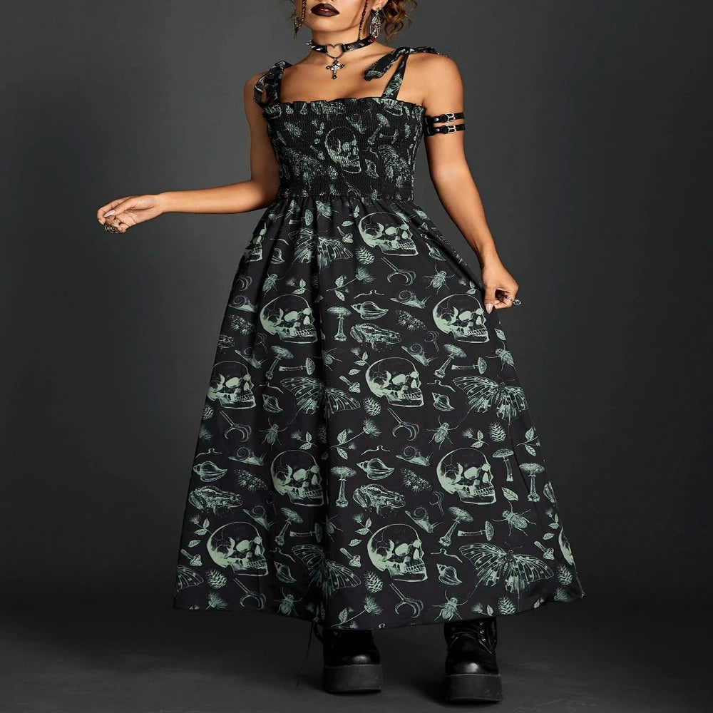Goth Skull Shirring Lace Up Long Dress Tunics Trousers formal