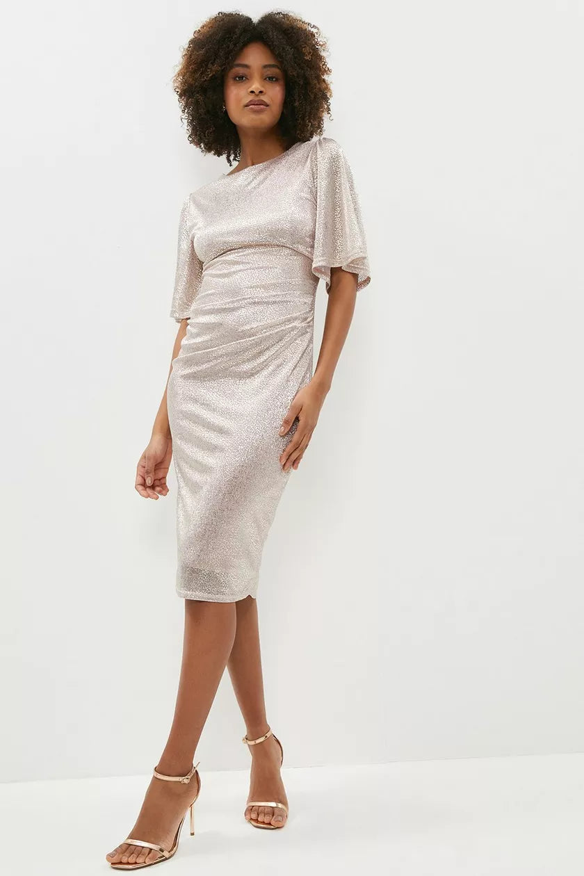 Mettalic Angel Sleeve Ruched Waist Dress Gold Tunics Long Elegant
