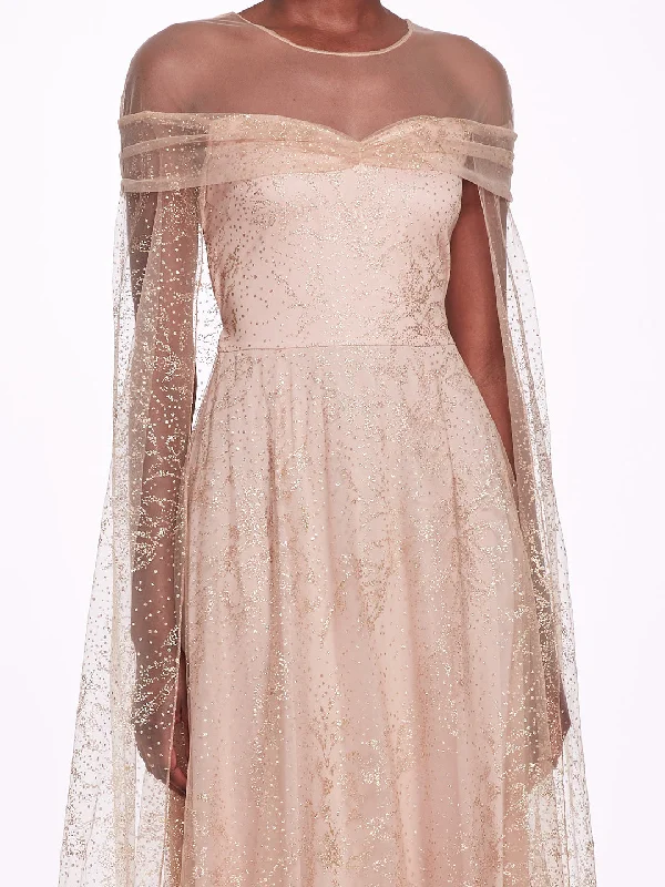 Off-Shoulder Glitter Cape Gown Tunics Sale discount