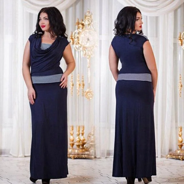 Plus Size Women's Summer Stripes Patchwork Short Sleeves Long Dress Tunics Ceremony elegant Plus Size Women's Summer Stripes Patchwork Short Sleeves Long Dress Tunics Ceremony elegant