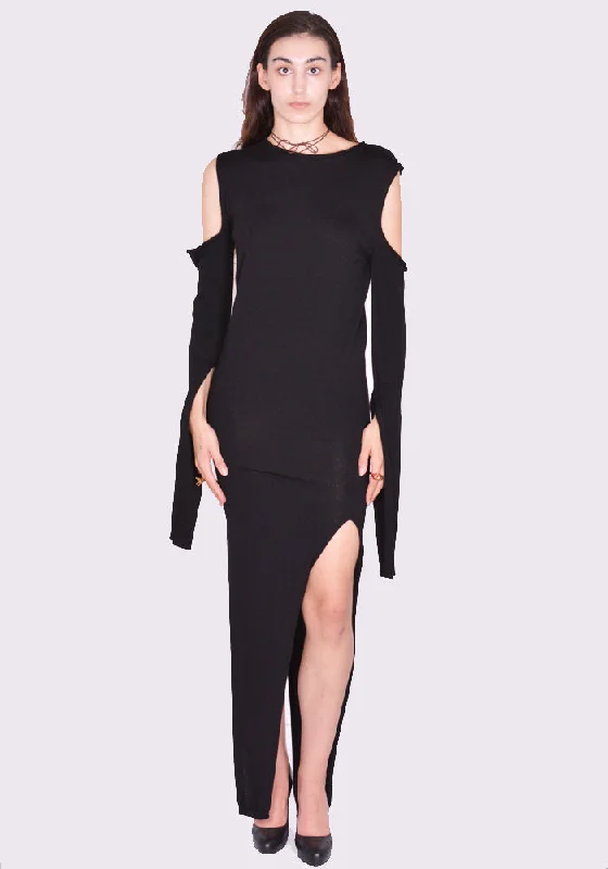 RICK OWENS WOMEN RP02D3610 M CAPE SLEEVE WOOL KNIT DRESS BLACK (New season FW24) Tunics Floral girly