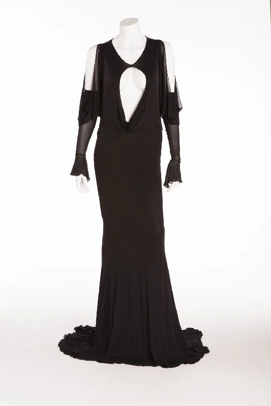 Roberto Cavalli - As Seen on the 2006 Runway Collection - Black Long Dress with Sheer Cold Shoulder Sleeves - IT 40 Tunics Practical durable