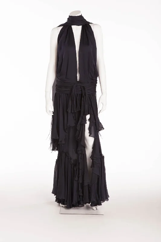 Roberto Cavalli - Midnight Blue Long Gown with Ostrich Fringe Scarf - IT 42 Tunics Chic elegant