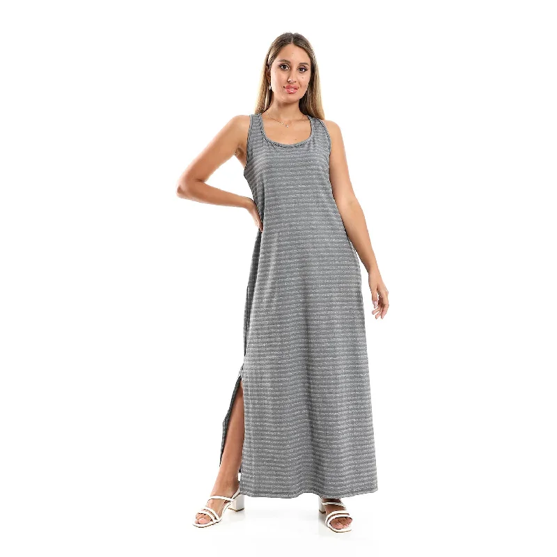 Striped Sleeveless Long Dress With Side Slits - Kady Tunics Sophisticated sleek