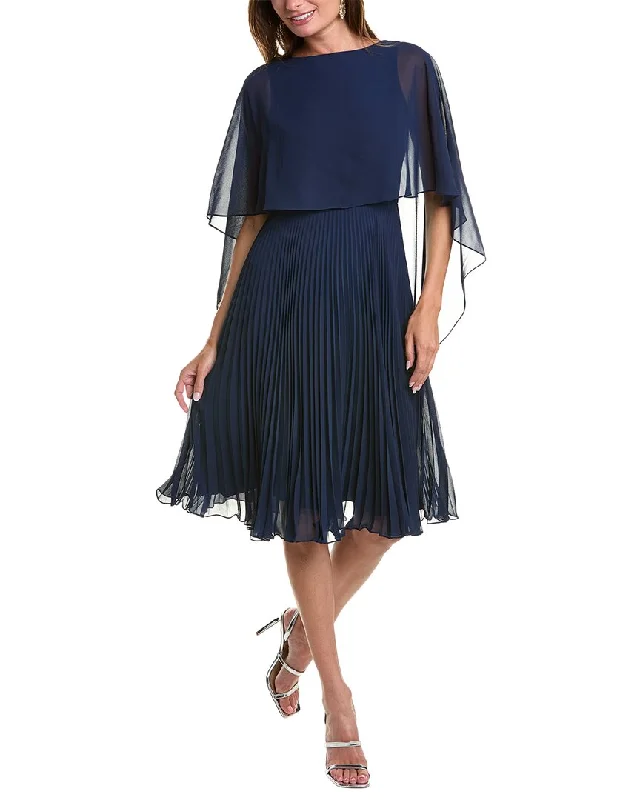 Teri Jon by Rickie Freeman Chiffon Capelet Midi Dress Crew Neckline Casual