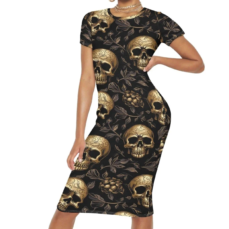 Womens Gold Skulls Short Sleeve Casual Long Dress Tunics Distressed trendy