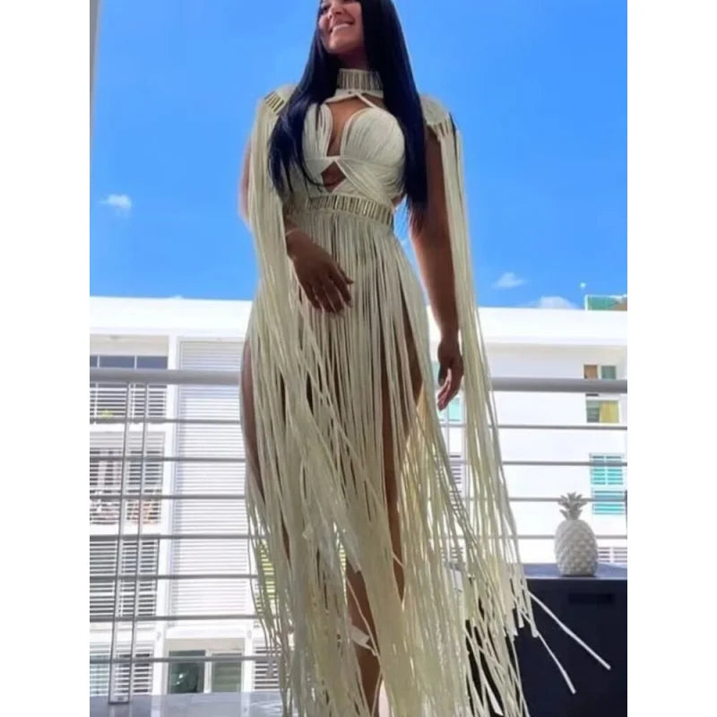 Women's Sexy Handmade Designer Cotton Braided Fringed Rope Long Dress Tunics Office stylish Women's Sexy Handmade Designer Cotton Braided Fringed Rope Long Dress Tunics Office stylish