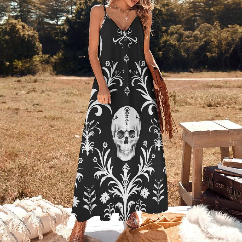 Women's Skull Black And White Ankle Long Dress Tunics Denim casual