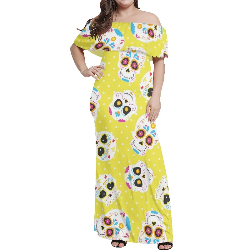 Women's Sugar Skull Yellow Off-shoulder Long Dress Tunics Hiking breathable