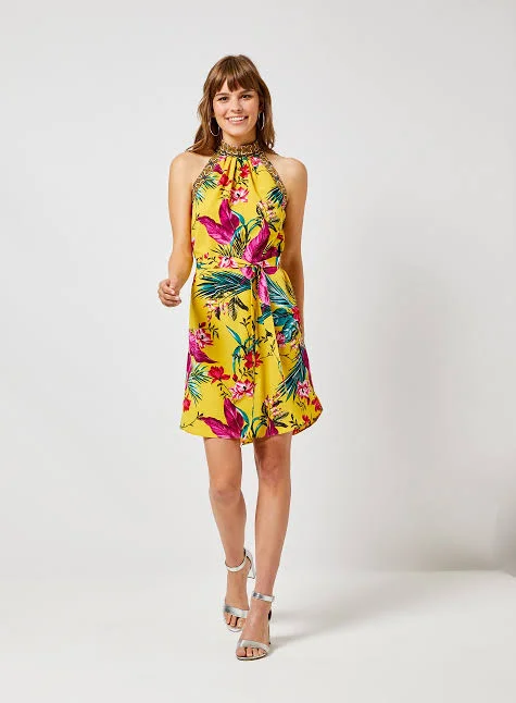 Yellow Tropical Print Tie Waist Dress Tunics Mesh breathable