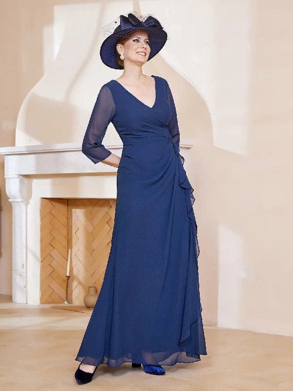 3/4-Length Sleeves V-neck Pleated Long Dress Dark Navy Tunics Ceremony elegant