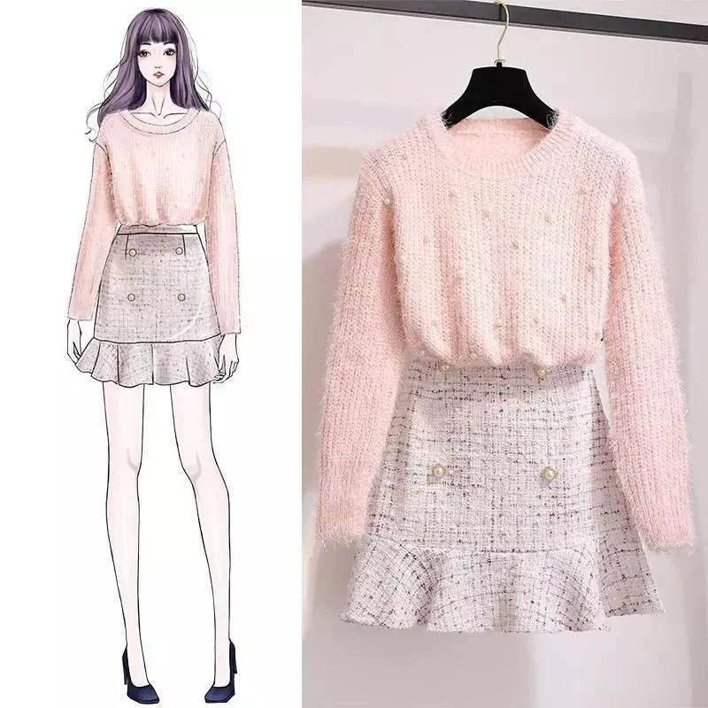 Altman Sweater And Tweed Skirt Set Wool Fabric Cashmere Fabric Tweed Fabric