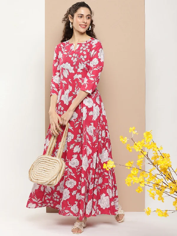 Pink Printed Long Dress With Waist Belt Crew Neckline Casual