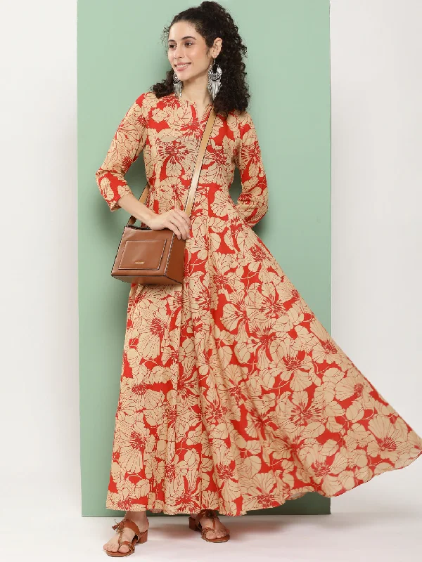 Red Printed Long Dress With Waist Belt sweetheart Neckline Romantic
