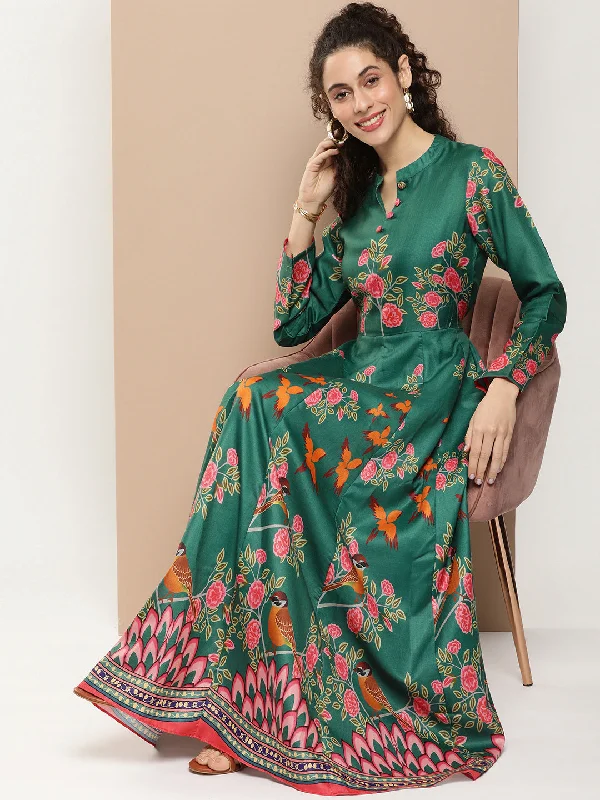 Green Printed Long Dress With Waist Belt Turtleneck Neckline Stylish