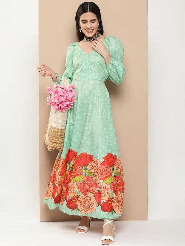 Green Printed Long Dress With Waist Belt Tunic Top Casual