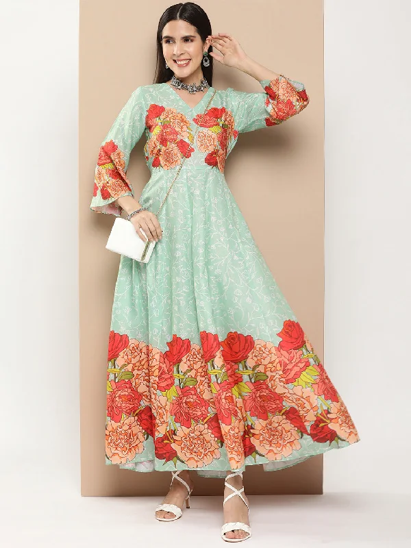 Green Printed Long Dress With Waist Belt Tunics Long Elegant