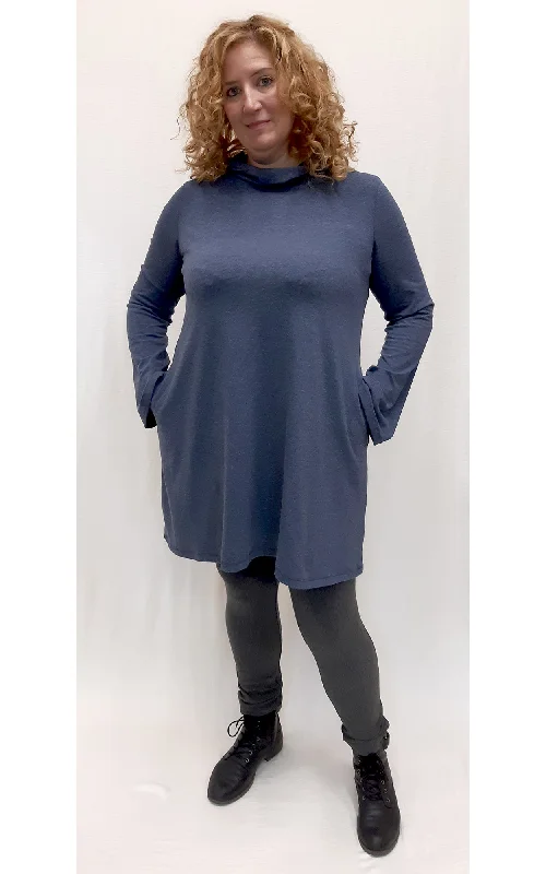 Bamboo Long Hooded Tunic Sweater - Heather Lake Blue - XXL, 3XL Mesh Blend Leather Blend Suede Blend