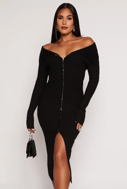 Almost Famous Zip Off the Shoulder Sweater Dress Zippered Front Buttoned Front Snap Front