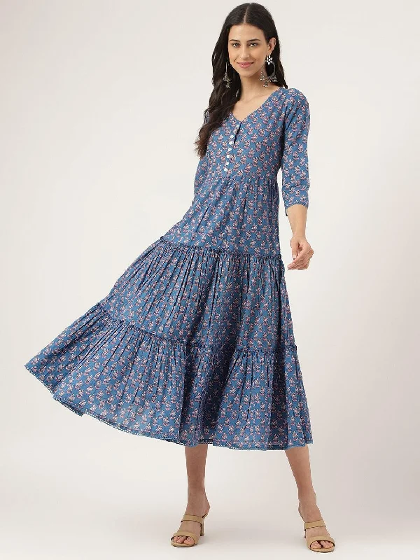 Women's Blue Floral Printed Long dress - Taantav Tunics Trendy modern