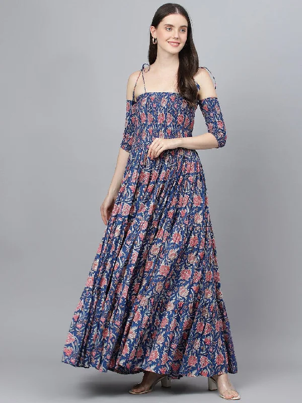 Women's Blue Floral Printed Shoulder Strips Flared Long Dress - Taantav Tunics New arrival Women's Blue Floral Printed Shoulder Strips Flared Long Dress - Taantav Tunics New arrival