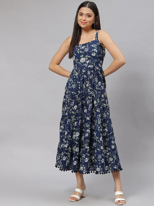 Women's Blue Floral Shoulder Strip Long Dress - Taantav Tunics Essential wardrobe