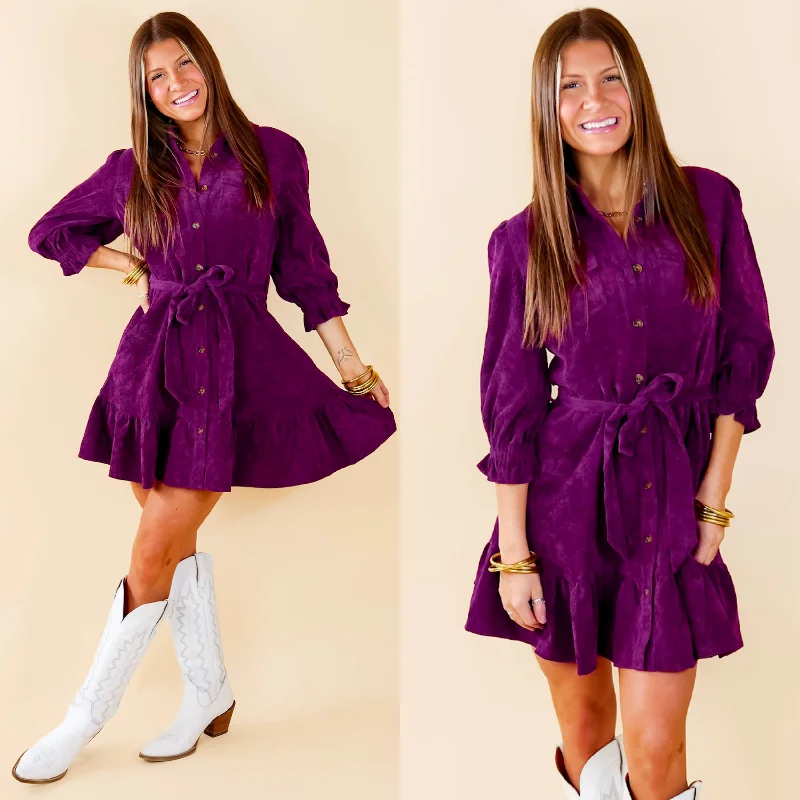 Cinnamon Lane Button Up Corduroy Dress with Waist Tie in Violet Purple Tunics Top rated