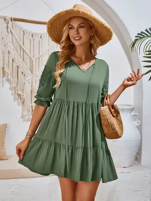 Casual solid color waisted webbing dress Tunics Running lightweight