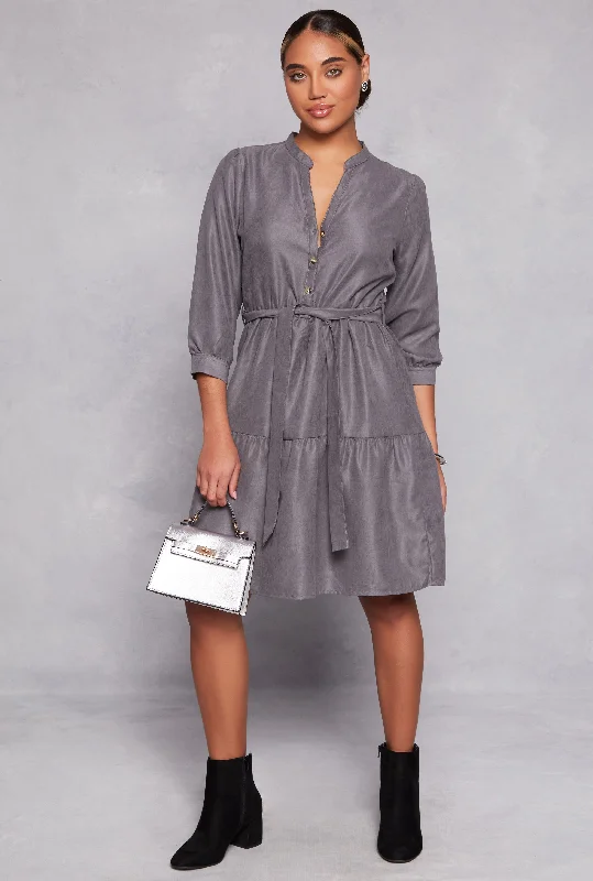 Tie Waist Belted Half Button Tiered Dress Tunics Business professional