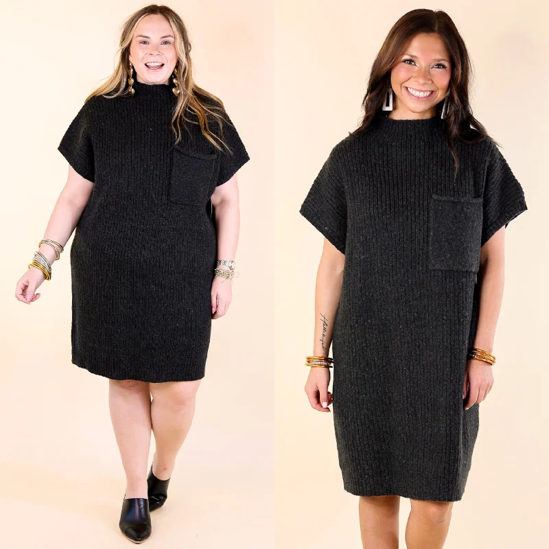 City Sights Cap Sleeve Sweater Dress in Charcoal Black Turtle Neck Boat Neck Asymmetrical Neck City Sights Cap Sleeve Sweater Dress in Charcoal Black Turtle Neck Boat Neck Asymmetrical Neck