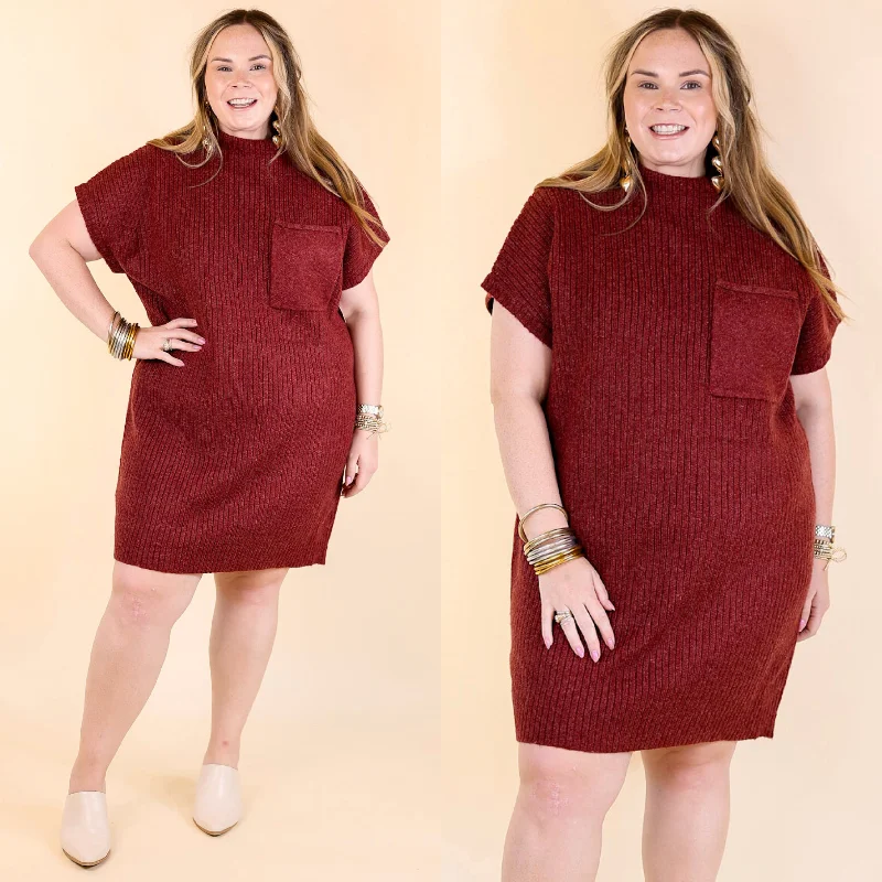City Sights Cap Sleeve Sweater Dress in Maroon High Neck Crew Neck V-Neck