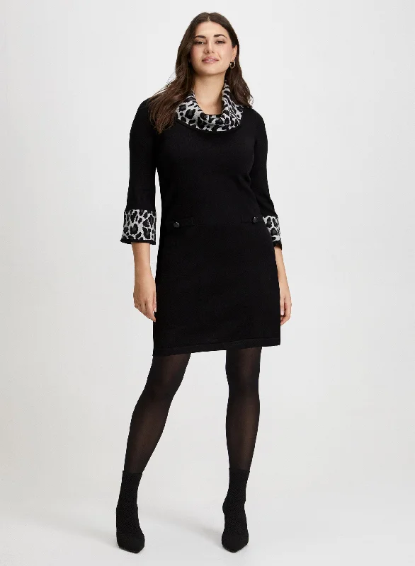 Cowl Neck Sweater Dress Welt Pockets Slit Pockets Flap Pockets