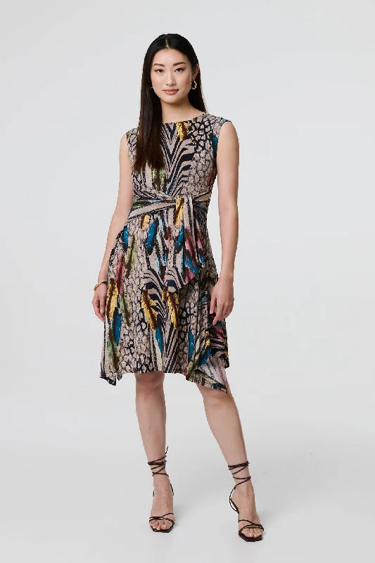 Animal Print Tie Waist Knee Length Dress Tunics Denim casual
