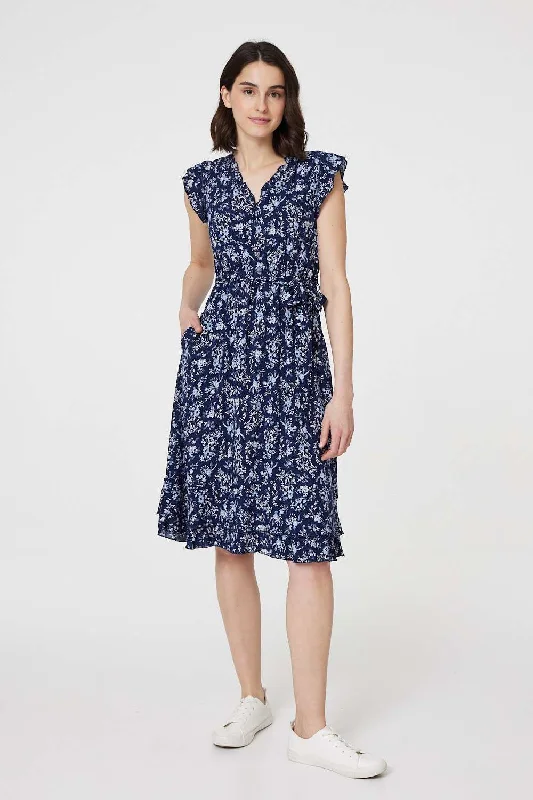 Ditsy Floral Tie-Waist Knee Length Dress Tunics Office stylish