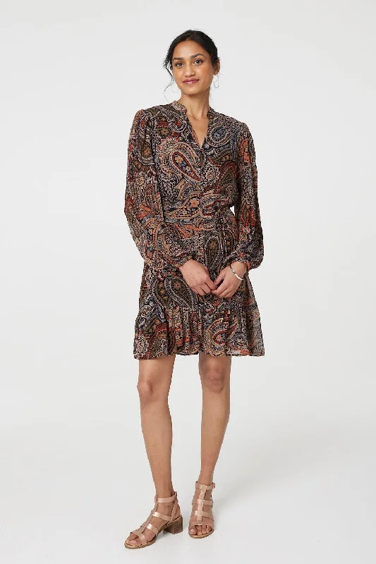 Paisley Print Tie Waist Short Dress Tunics Leisure comfortable