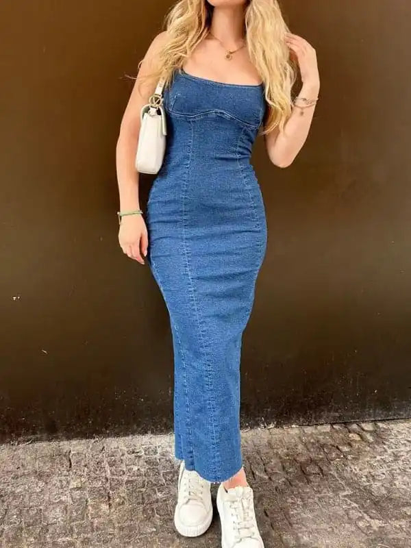 Women’s elegant suspender denim long dress Tunics Stylish elegant