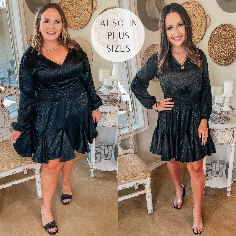 Wine Toast Dotted Smocked Waist V Neck Satin Dress in Black Tunics Versatile stylish Wine Toast Dotted Smocked Waist V Neck Satin Dress in Black Tunics Versatile stylish