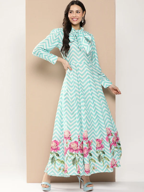 Turquoise Blue Printed Long Dress With Tie-Up Neck Tunics Short Trendy