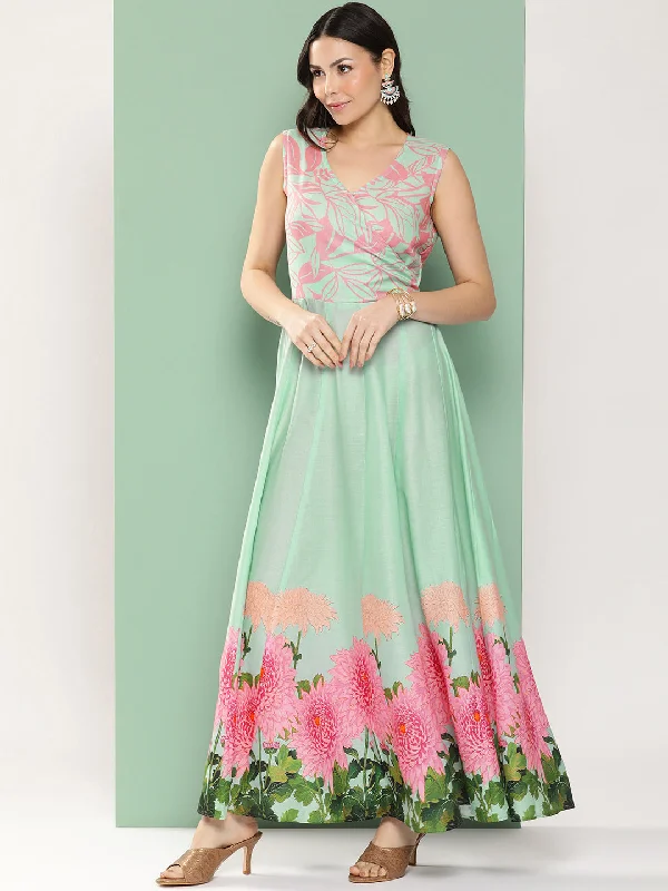 Turquoise Blue Printed Long Dress With V-Neck Tunics Print Colorful