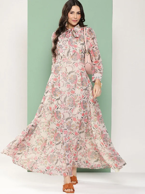Off-White Printed Long Dress With Tie-Up Neck Tunics Solid Classic