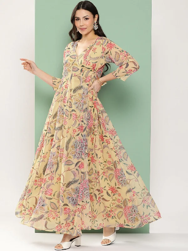Yellow Printed Angrakha Long Dress With V-Neck Tunics stripes playful