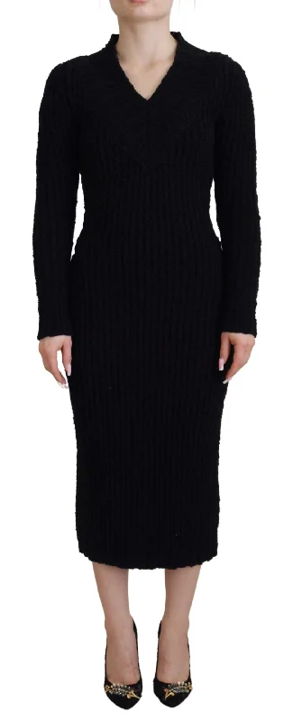 Elegant Black Wool Blend Sweater Dress Solid Color Striped Floral Print