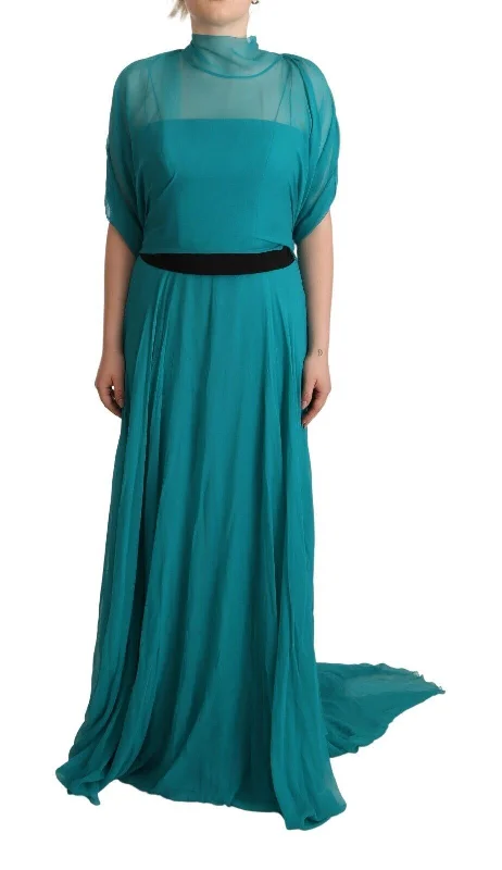 Elegant Silk A-Line Long Dress in Blue Tunics Fall fleece
