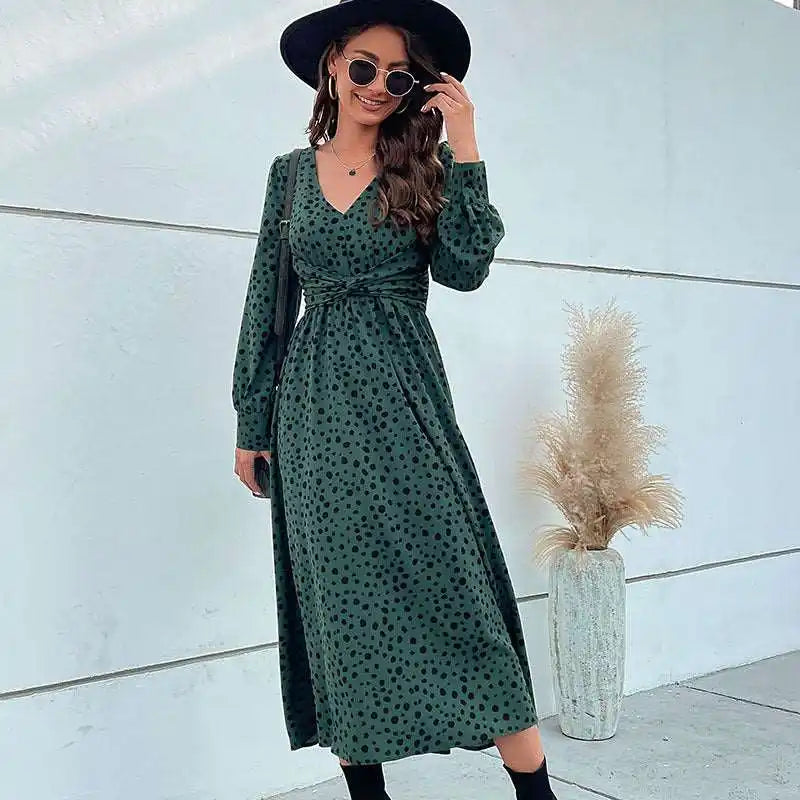 Fashion Ladies New Green Long Sleeve Leopard Long Dress Tunics Fashionable chic