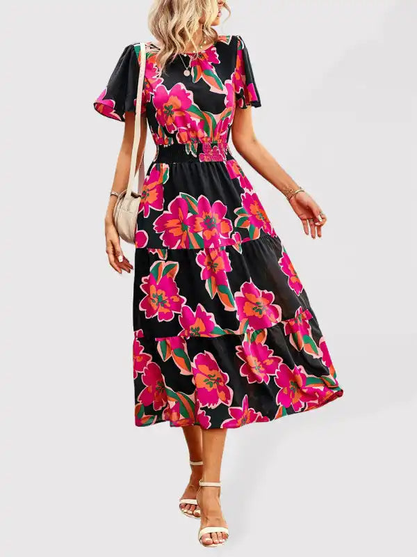 Floral Dress Summer Temperament Elegant Waist Short Sleeve Long Dress Halter Neckline Beach Floral Dress Summer Temperament Elegant Waist Short Sleeve Long Dress Halter Neckline Beach