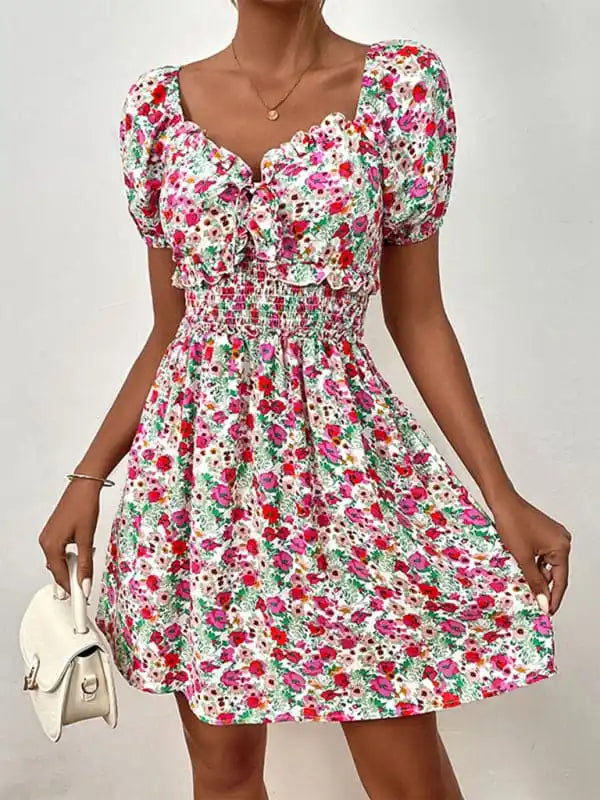 Women’s New High Waist Puff Sleeve Floral Dress Tunics Versatile stylish